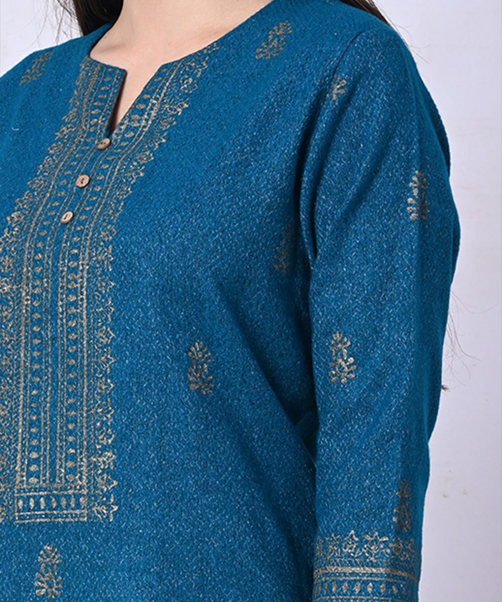 Blue hand block printed woolen kurta set