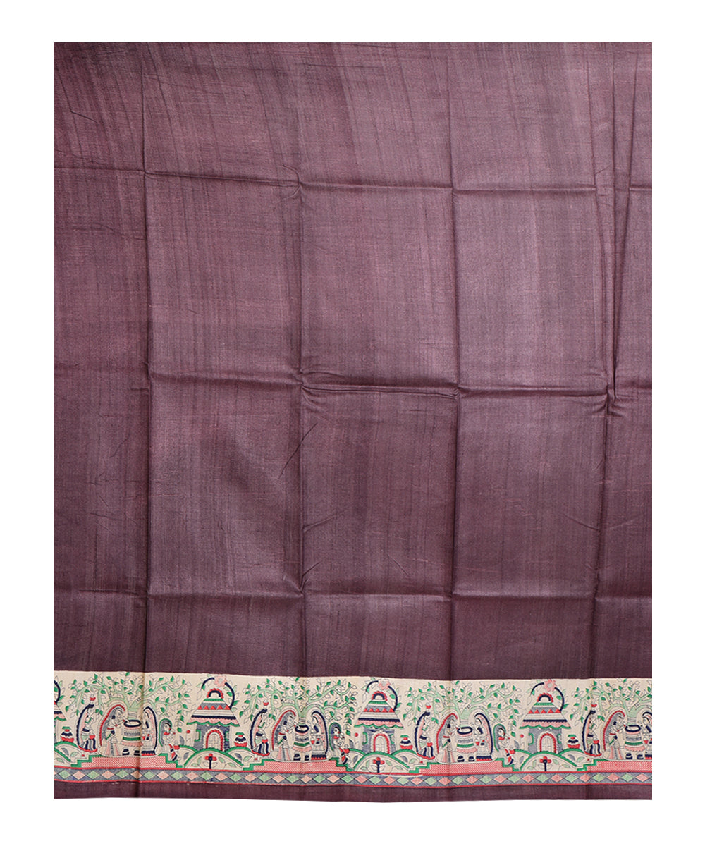 Brown multicolor tussar silk hand printed saree