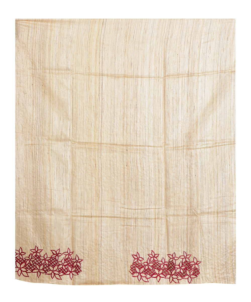 Beige red handwoven tussar silk saree