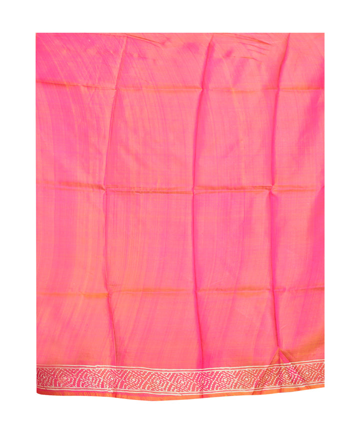 Pink orange hand printed silk saree