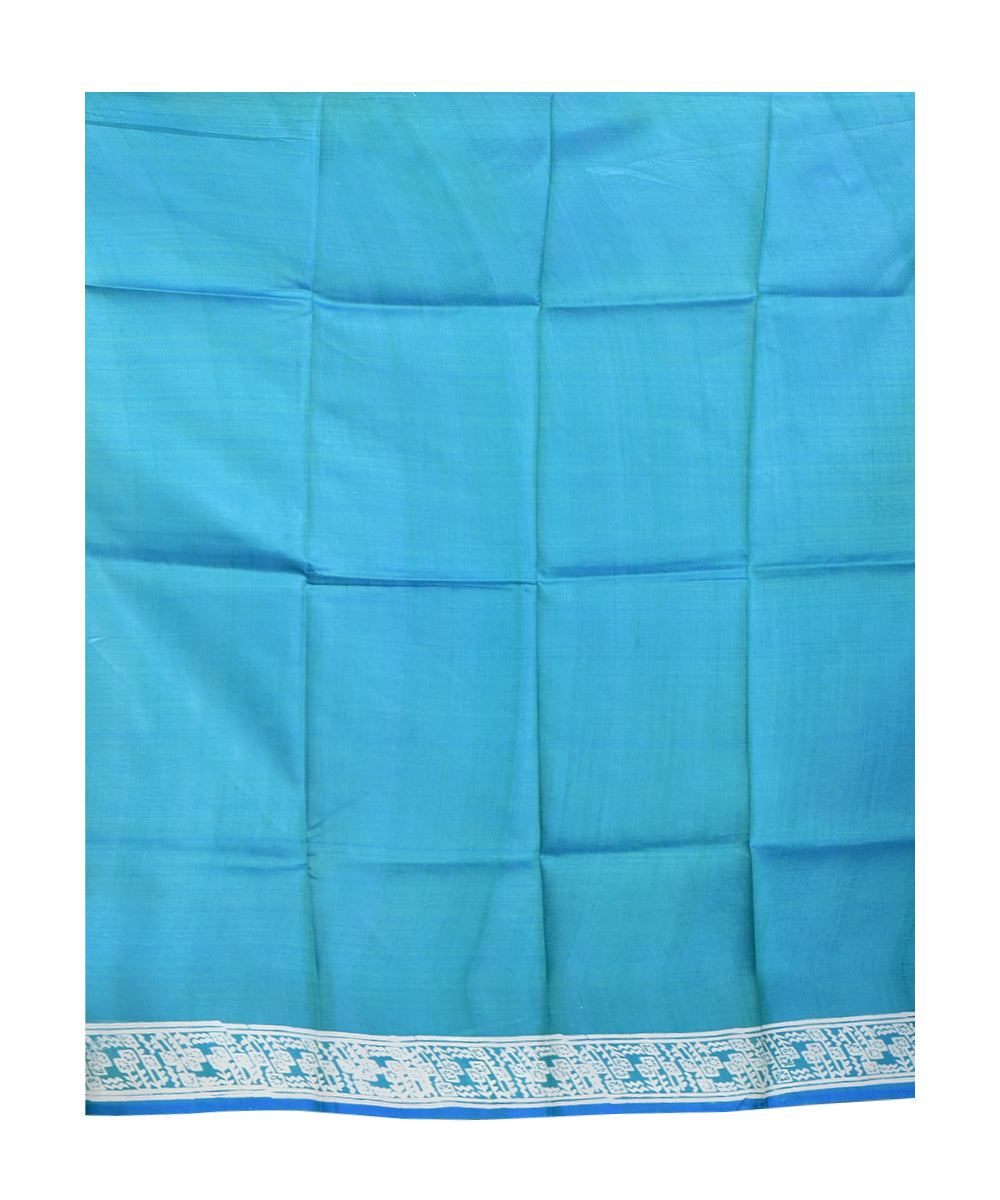 Teal green hand printed silk saree