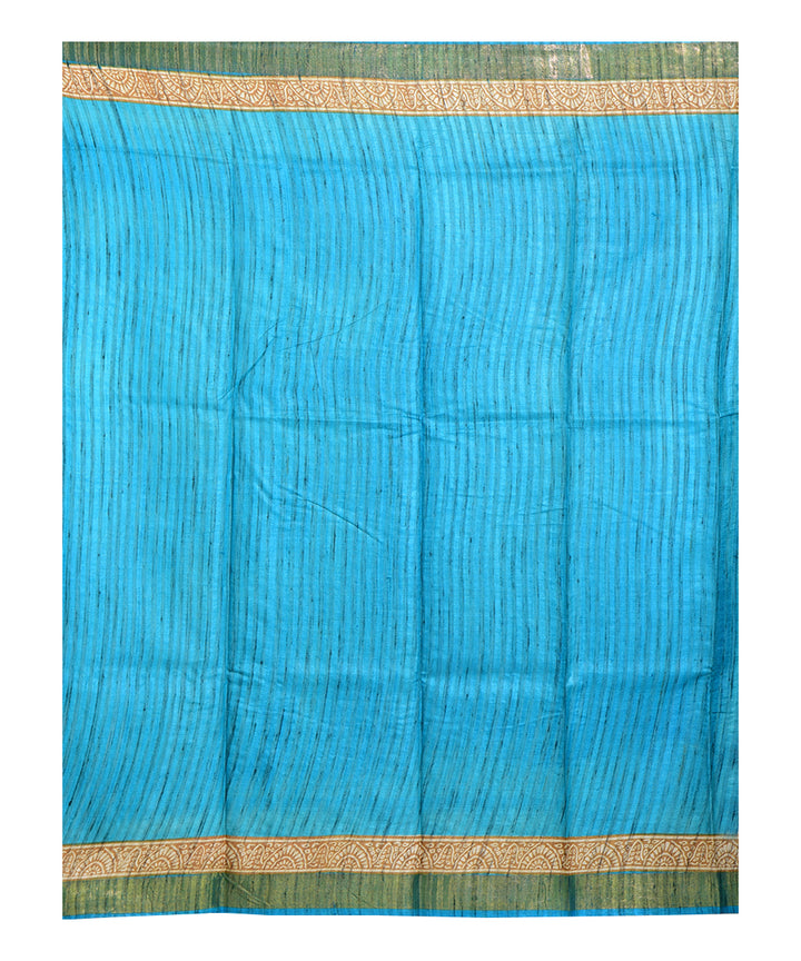 Sky blue beige hand printed tussar silk saree