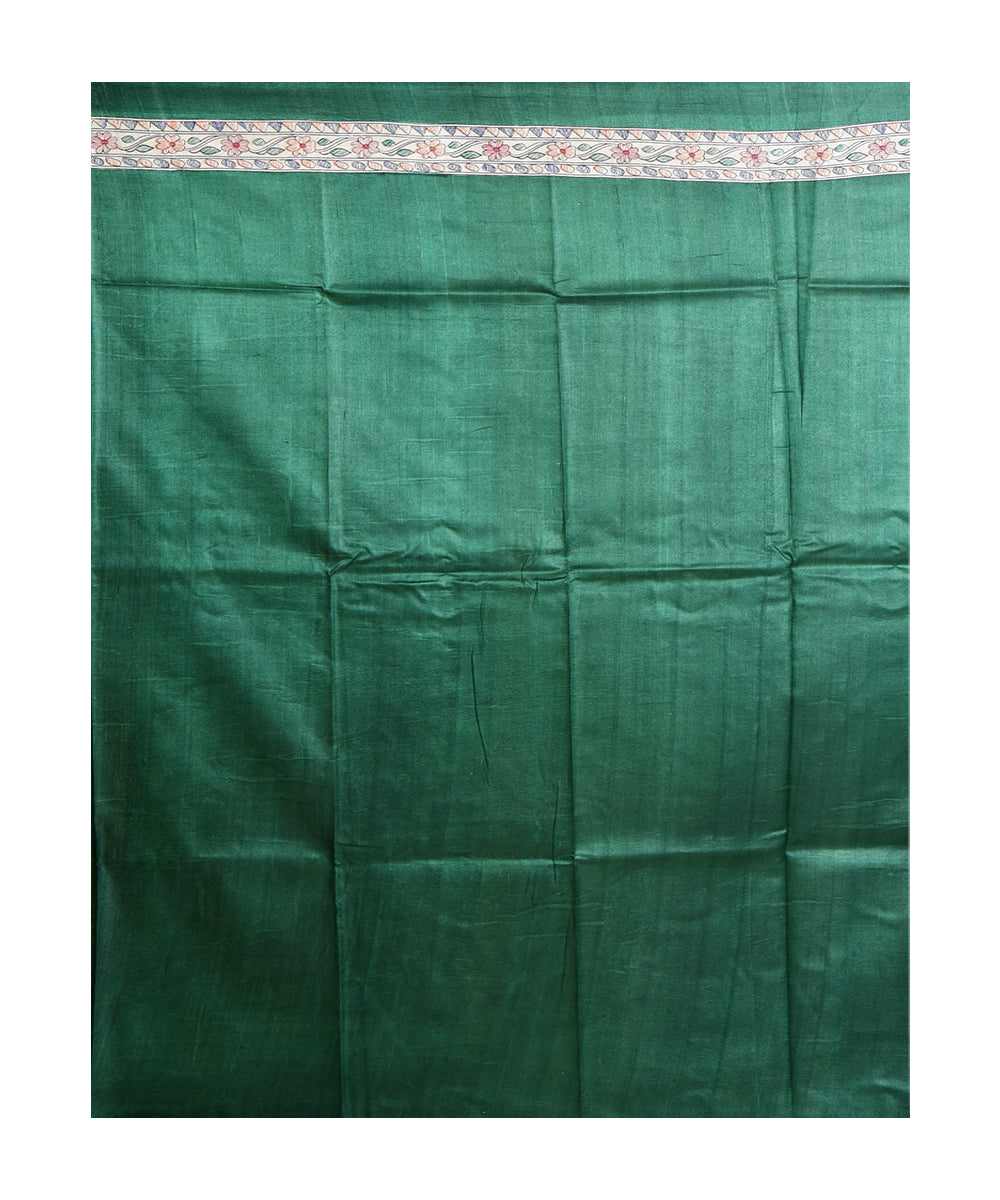 Dark green multicolor hand printed tussar silk saree