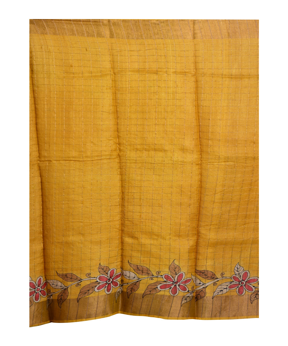 Multicolor red hand printed tussar silk saree