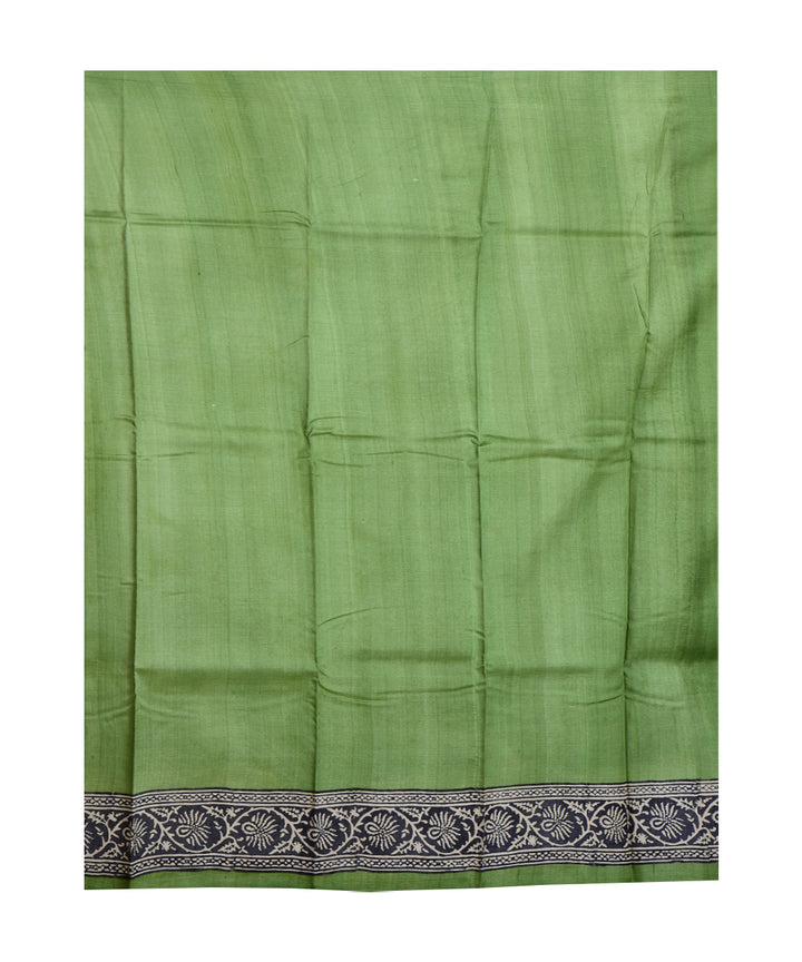 Light green black hand printed tussar silk saree