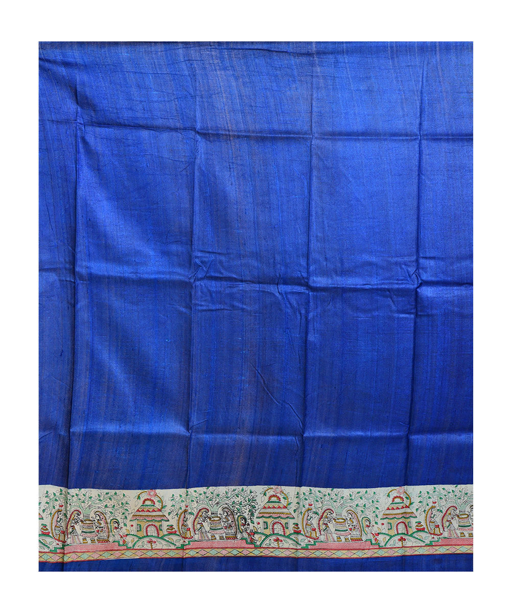 Navy blue multicolor hand printed tussar silk saree