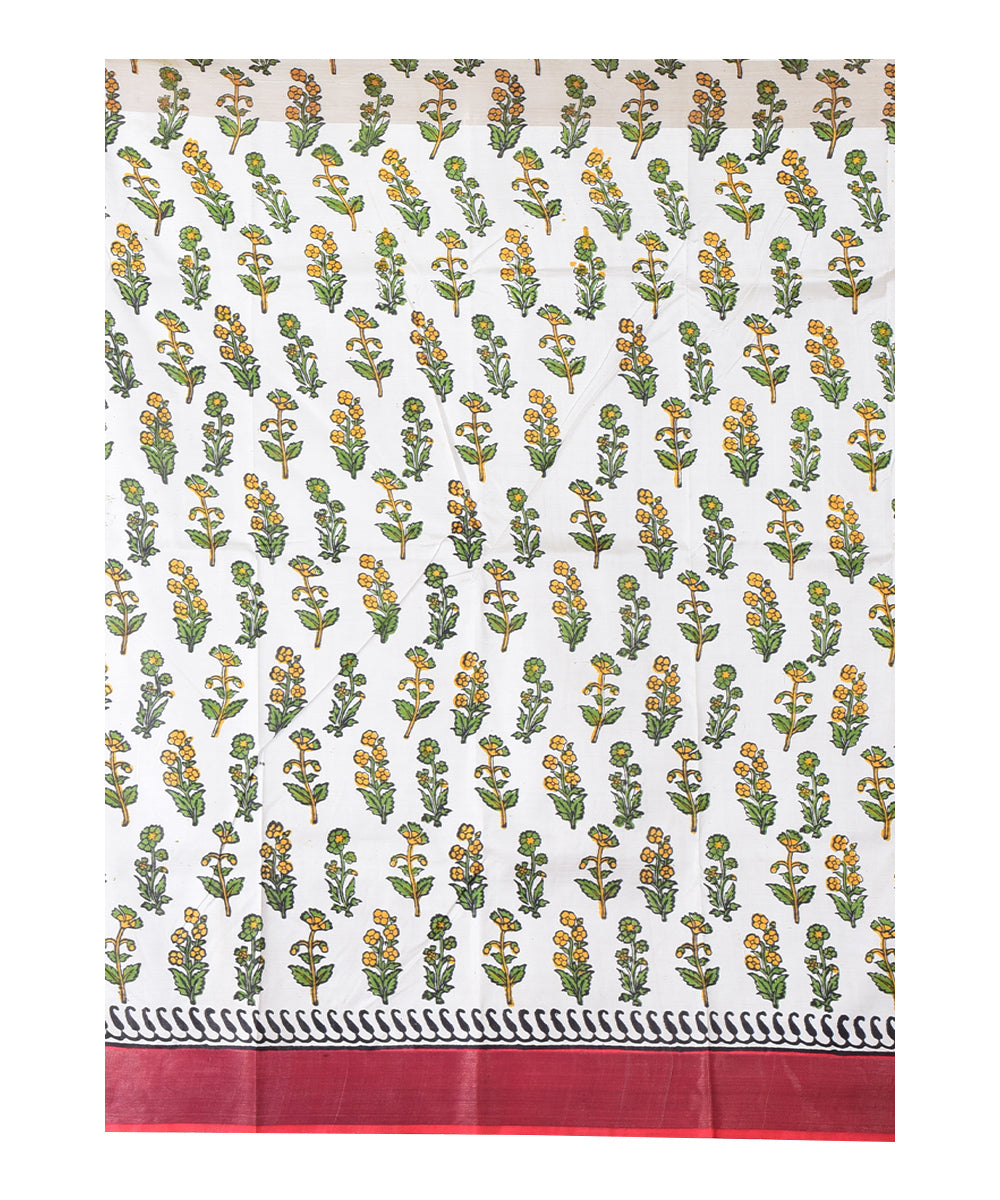 Red multicolor hand printed silk saree