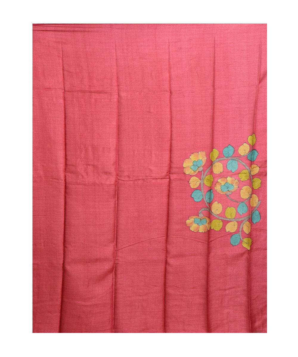 Multicolor brown hand printed tussar silk saree