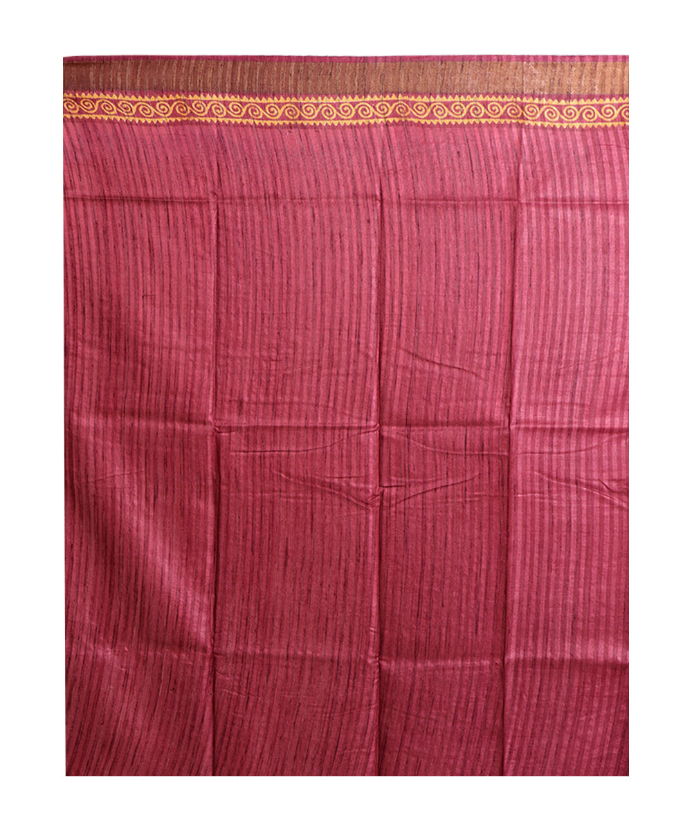 Beige maroon hand printed tussar silk saree