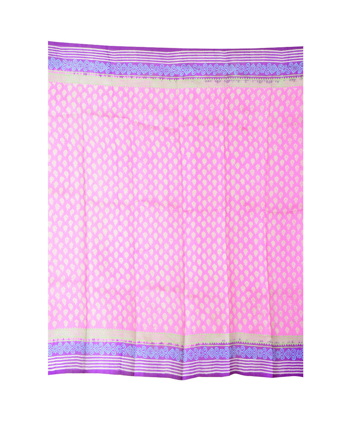 Pink navy blue hand printed silk saree