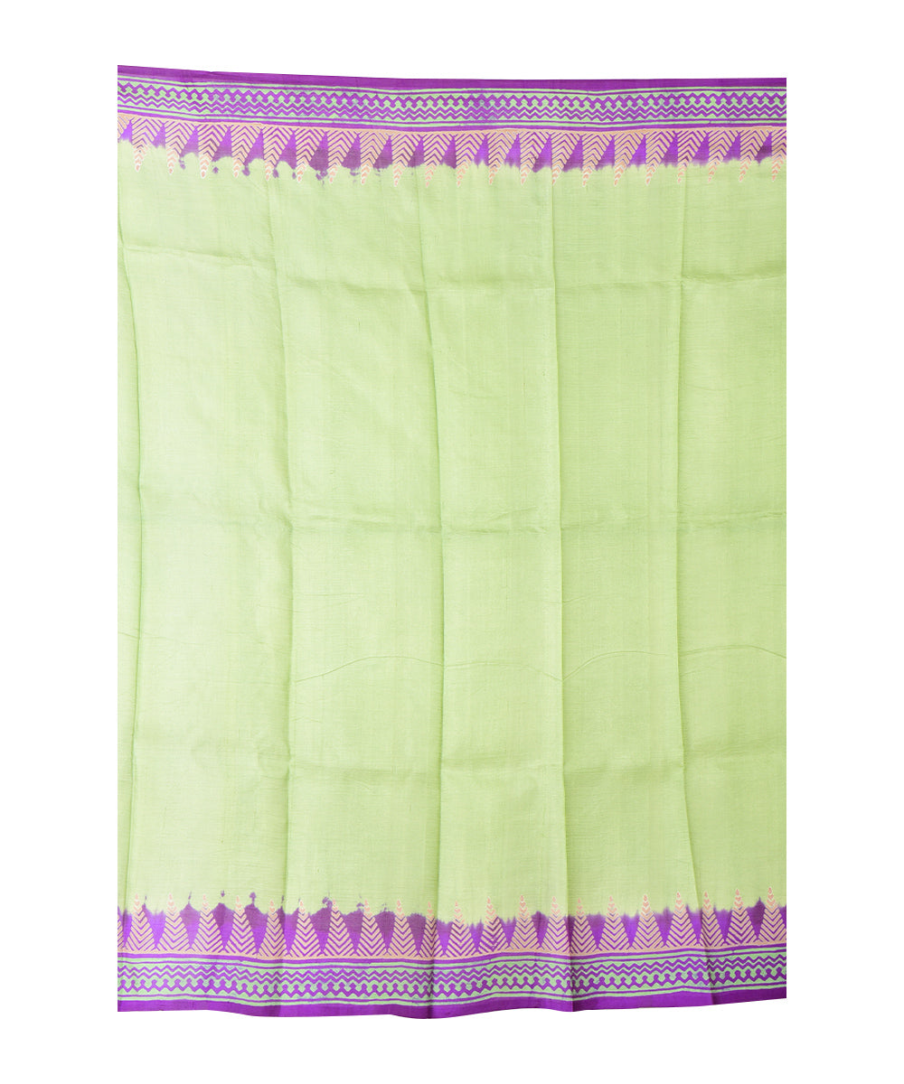 Light green purple hand printed silk saree