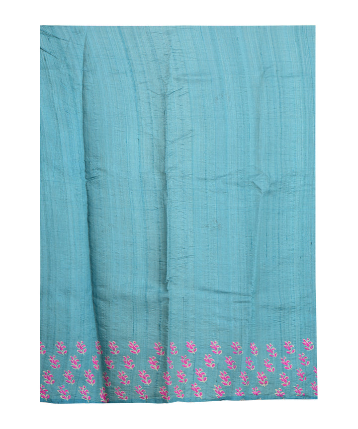 Sky blue pink hand printed tussar silk saree