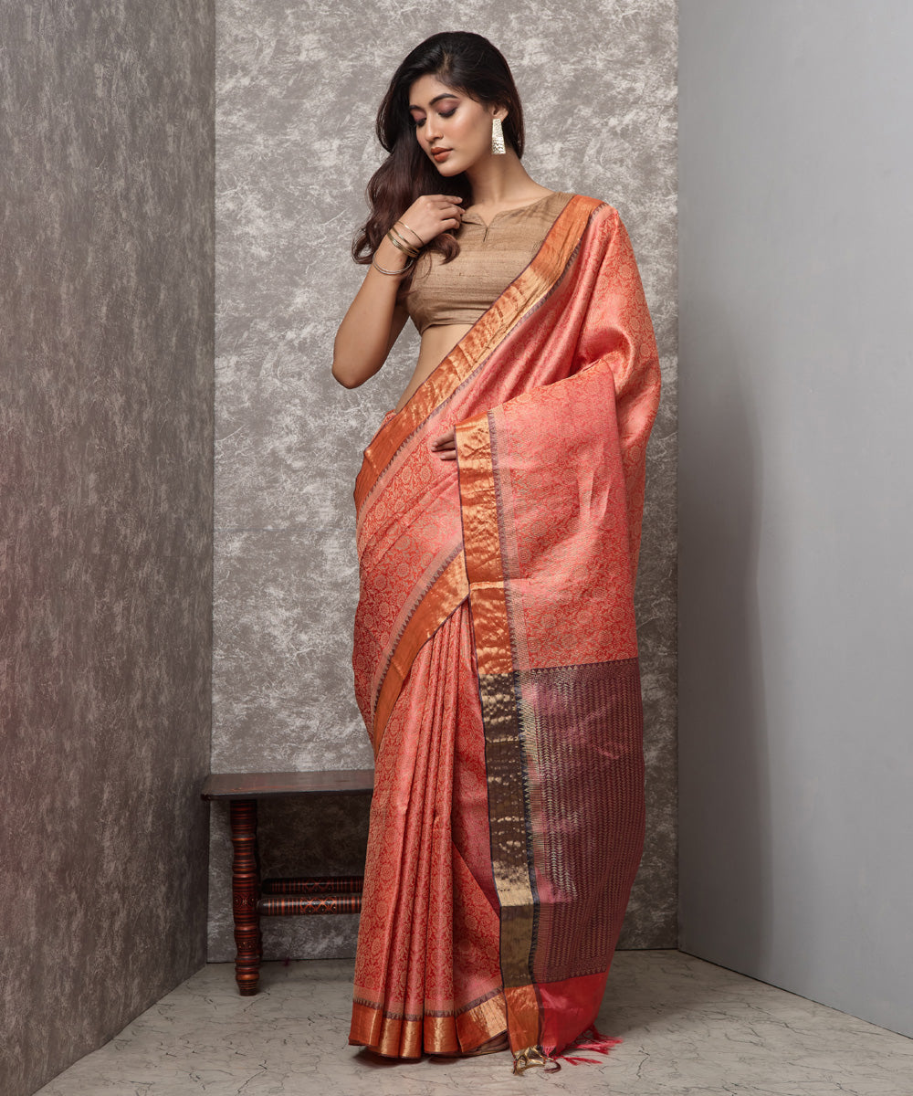 Orange pink handwoven chhatisgarh tussar silk saree