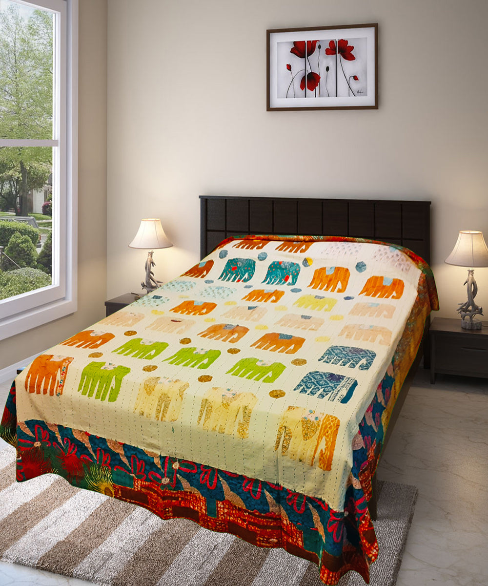 Multicolor applique and kantha work double layered cotton bedcover (Double Bed)
