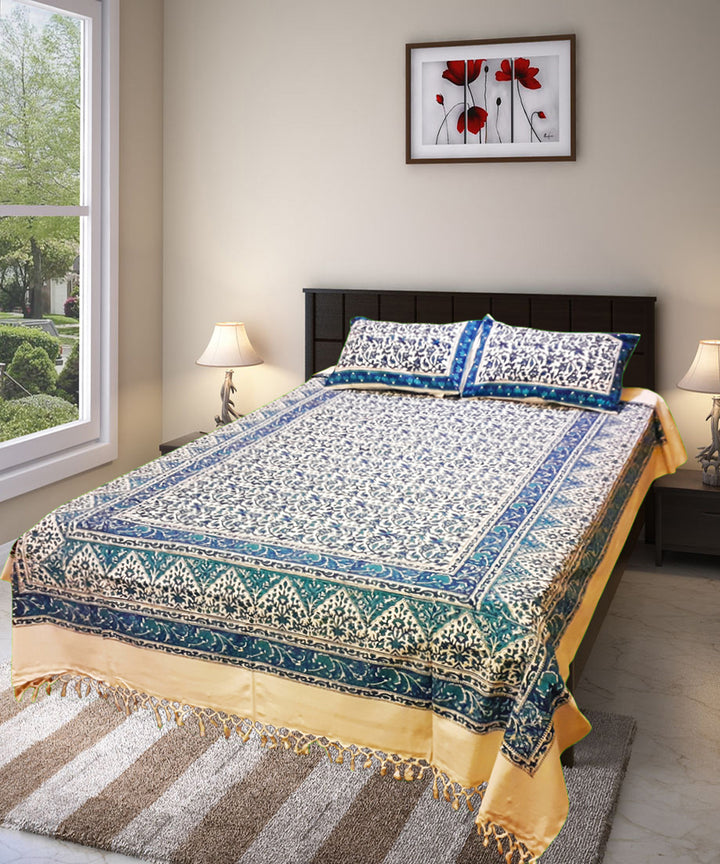 Blue hand block printed hand loom cotton bedsheet