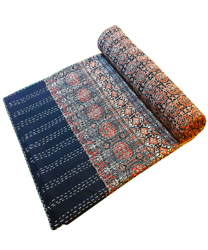 Ajrakh print kantha work double layered double bedcover