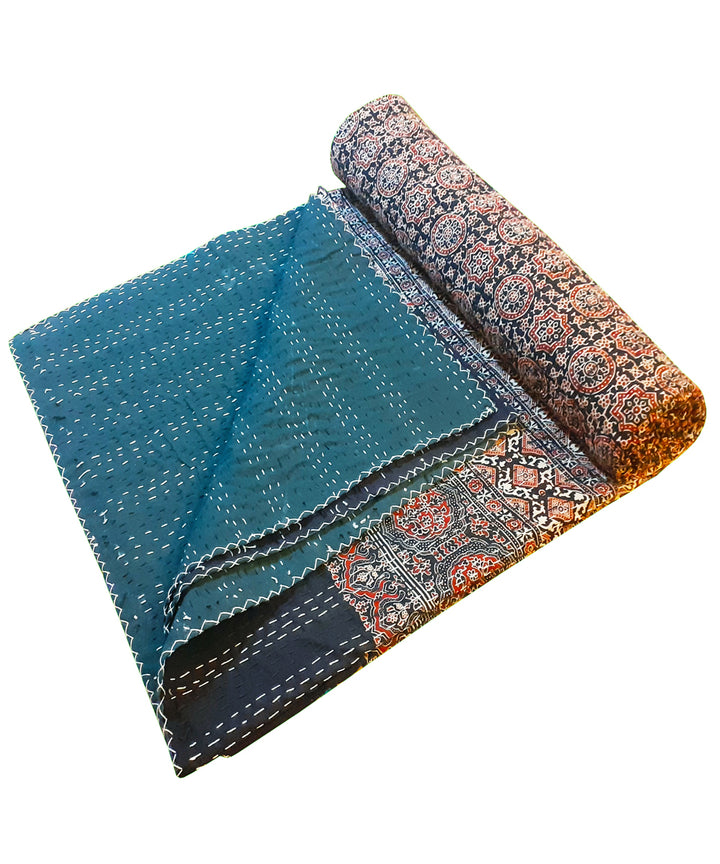 Ajrakh print kantha work double layered double bedcover