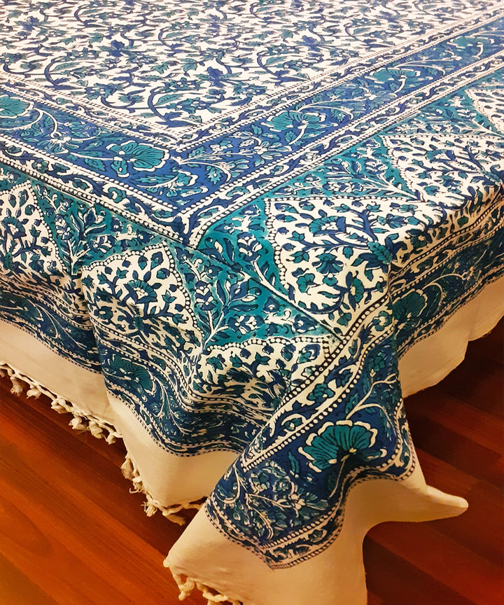 Blue hand block printed hand loom cotton bedsheet