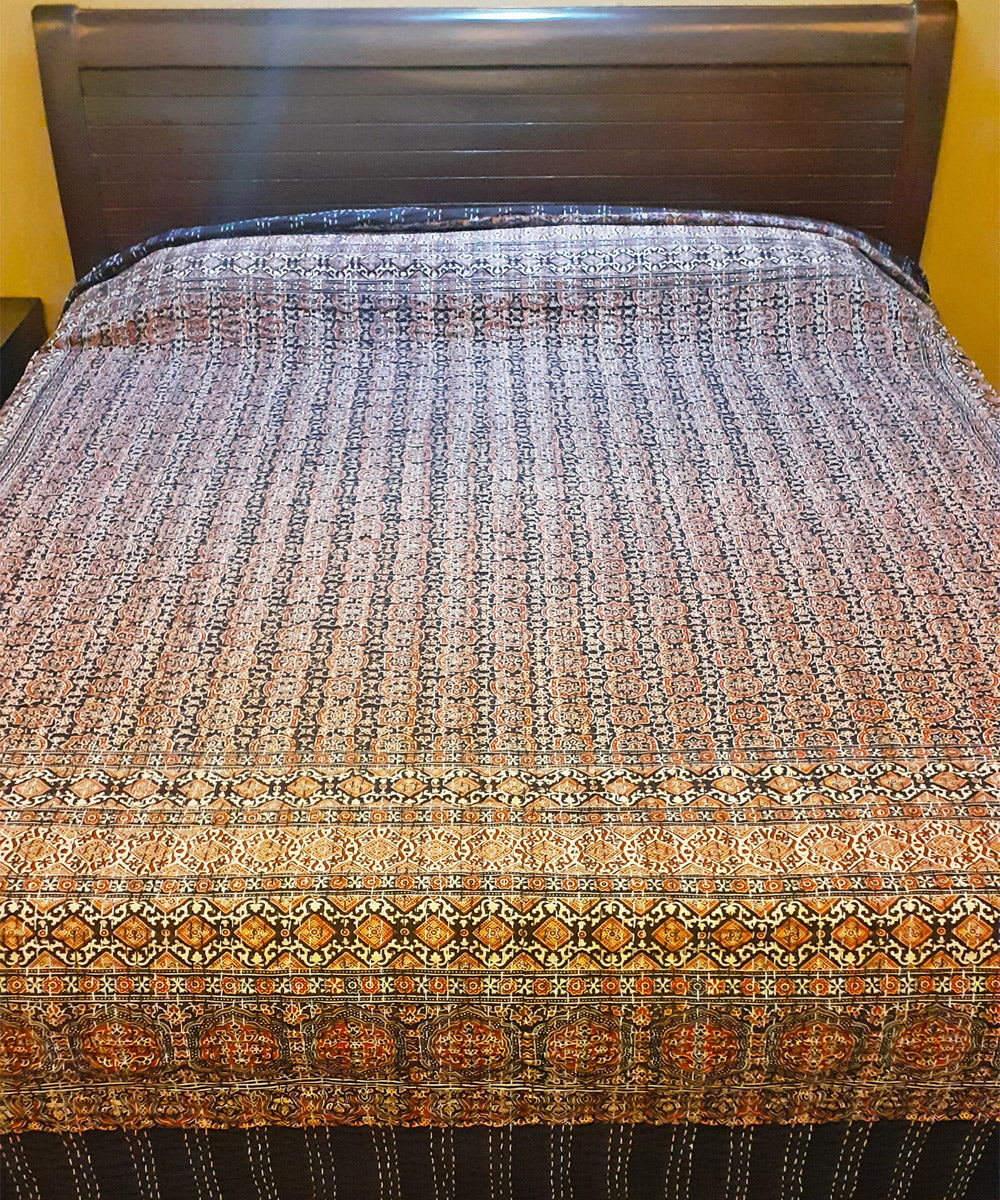 Ajrakh print kantha work double layered double bedcover