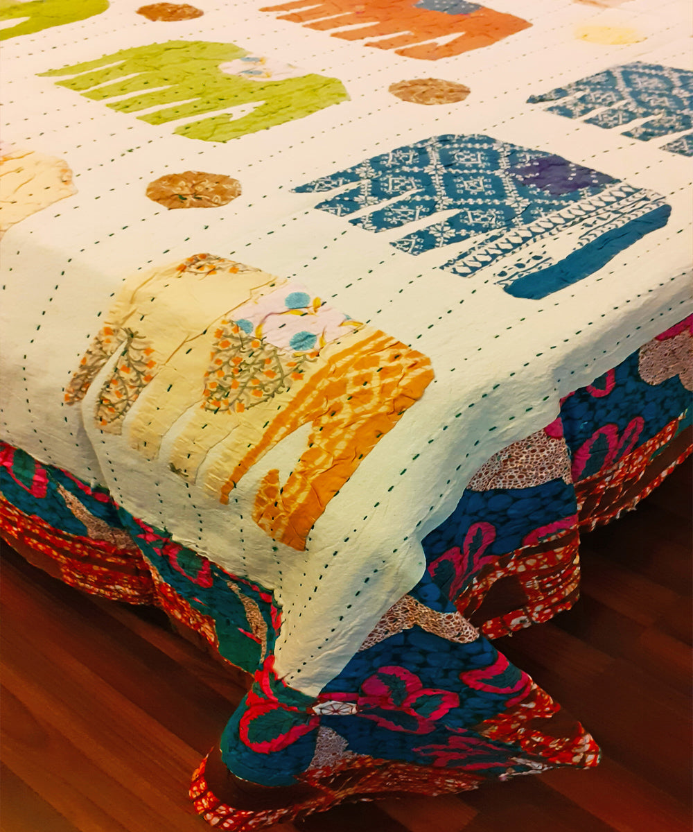 Multicolor applique and kantha work double layered cotton bedcover (Double Bed)