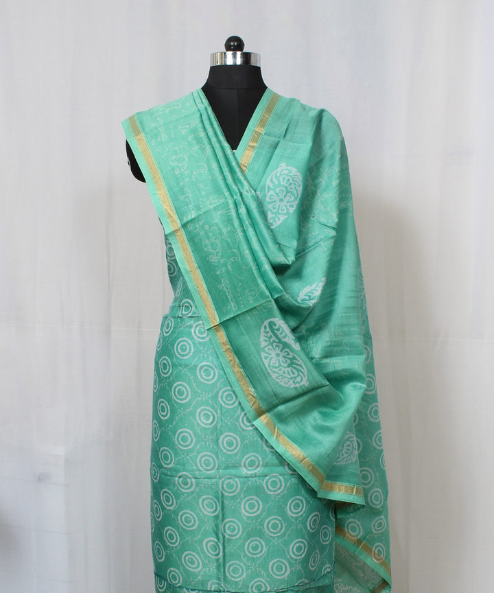 Turquoise green handblock printed cotton silk dress material set