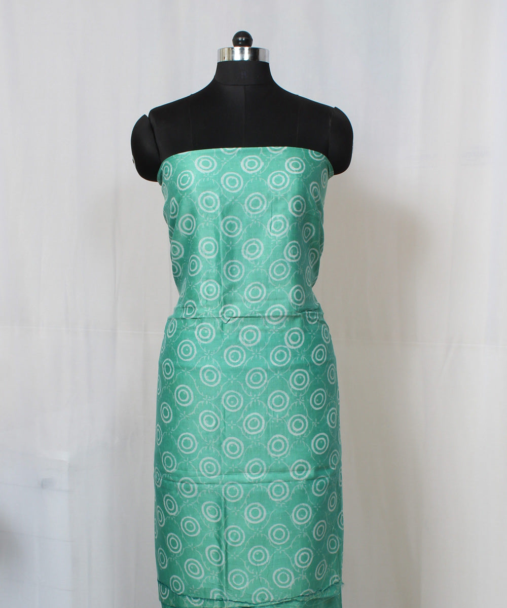 Turquoise green handblock printed cotton silk dress material set