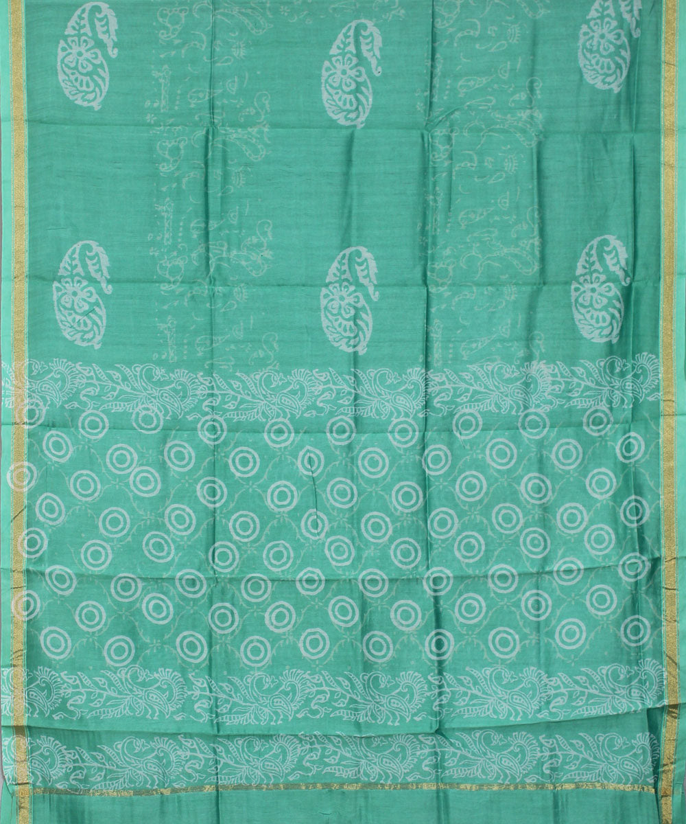 Turquoise green handblock printed cotton silk dress material set