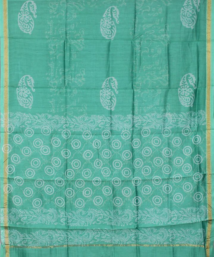 Turquoise green handblock printed cotton silk dress material set