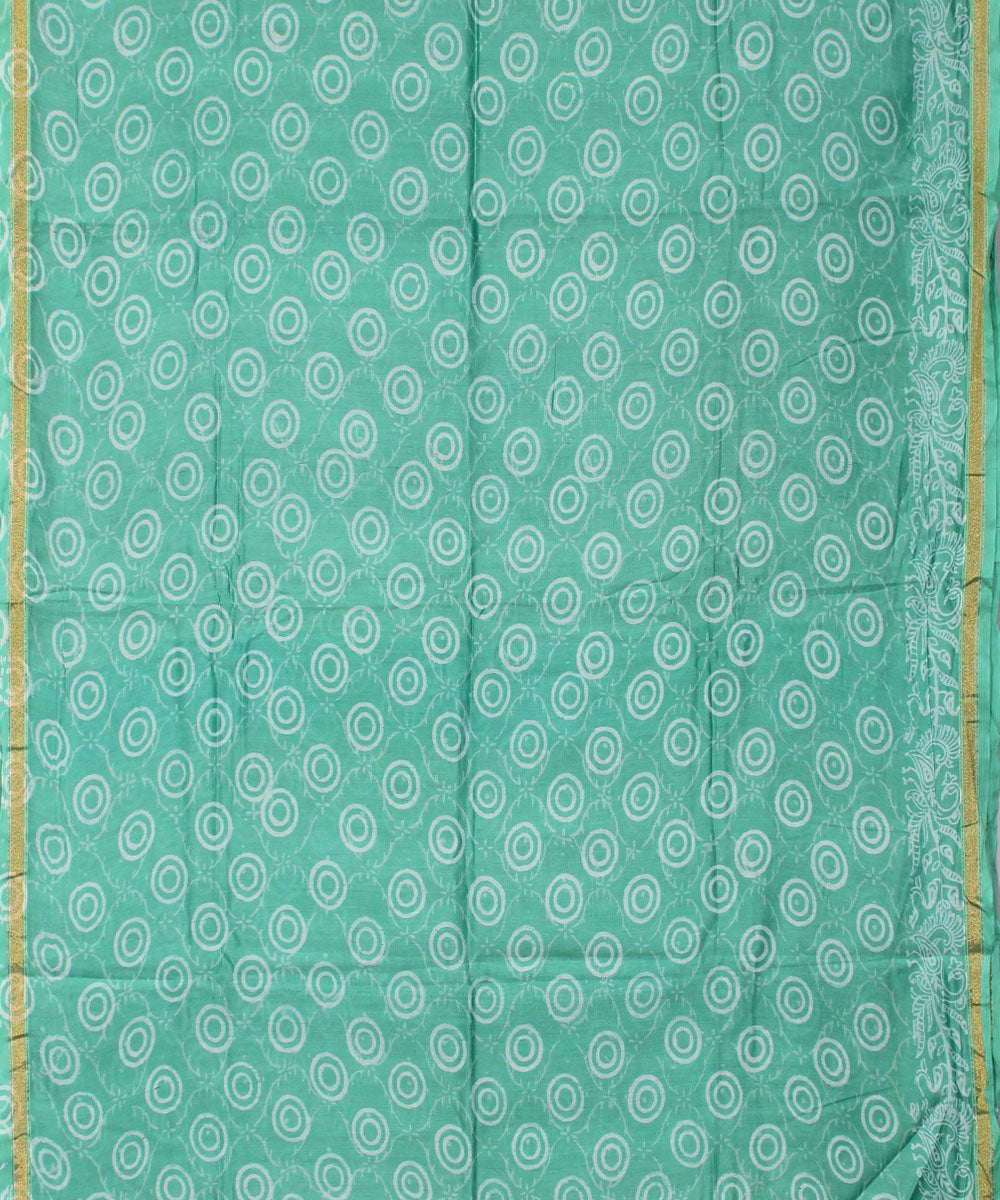 Turquoise green handblock printed cotton silk dress material set