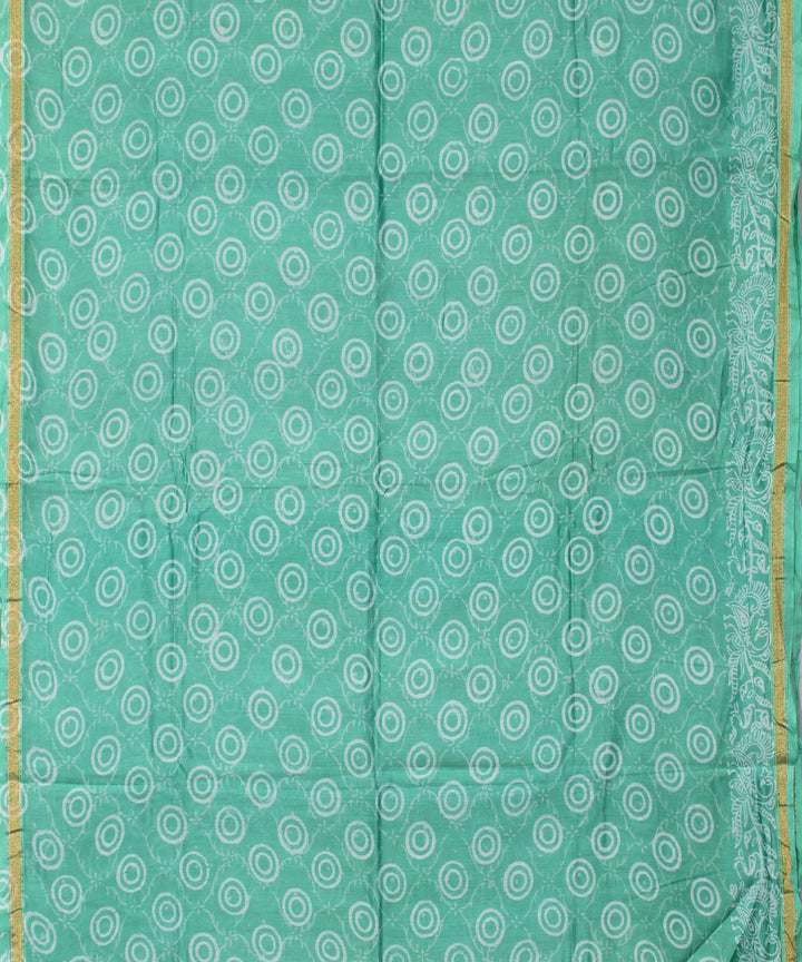 Turquoise green handblock printed cotton silk dress material set