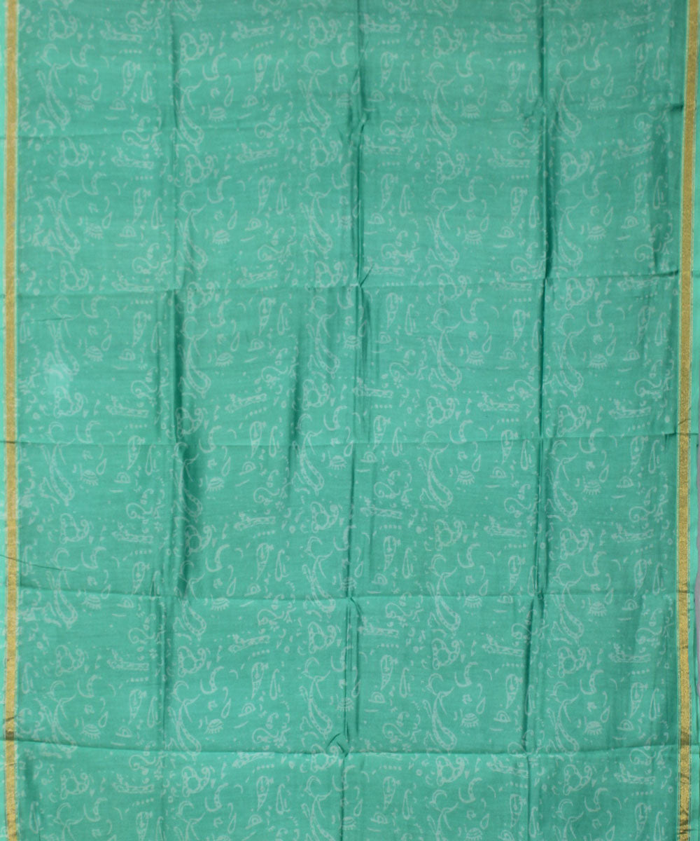 Turquoise green handblock printed cotton silk dress material set