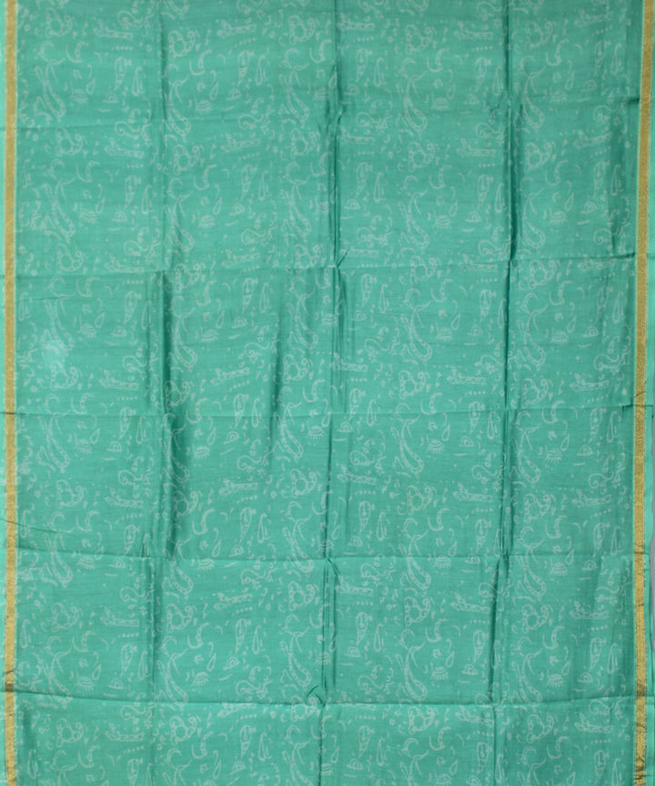 Turquoise green handblock printed cotton silk dress material set