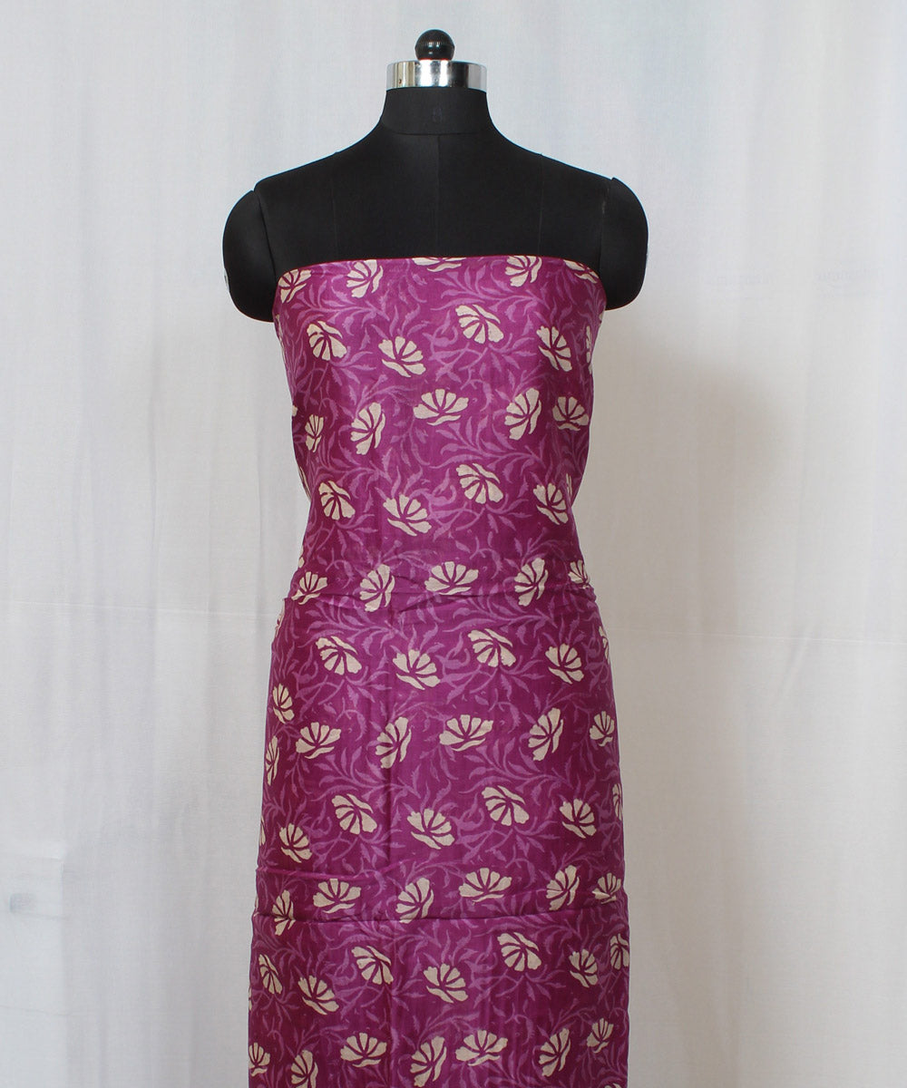 Purple handblock printed cotton silk dress material set