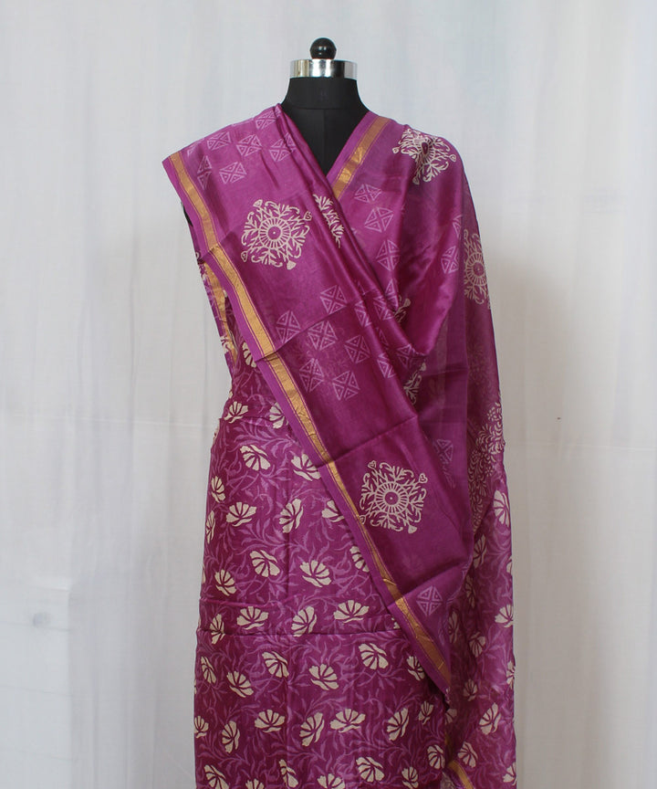 Purple handblock printed cotton silk dress material set