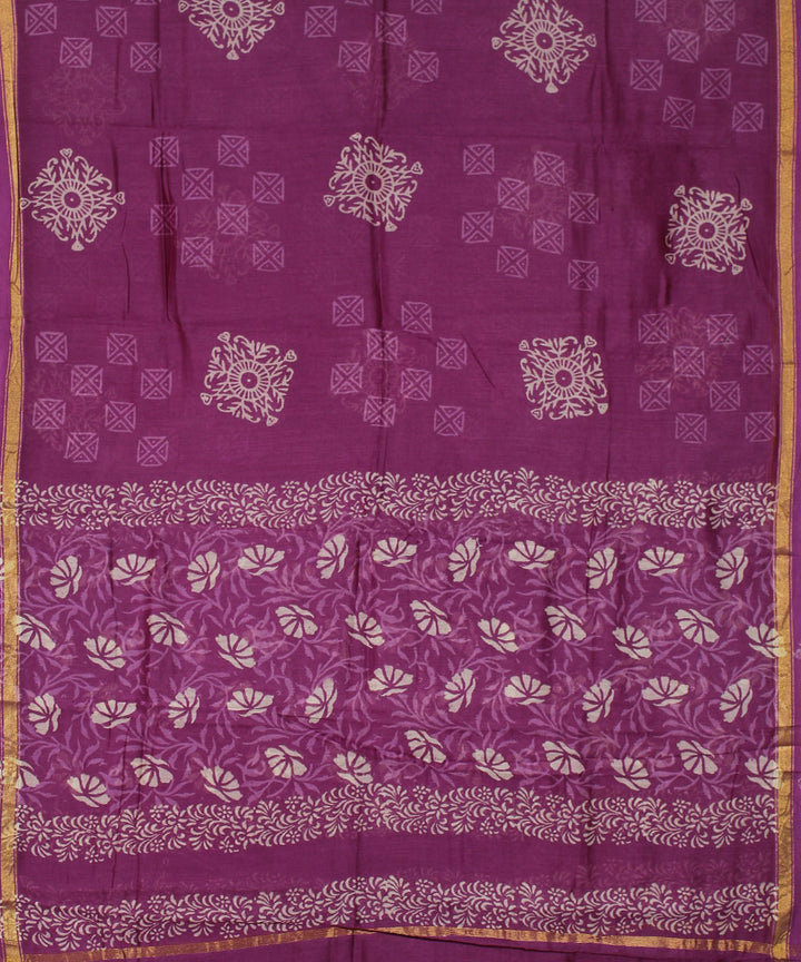 Purple handblock printed cotton silk dress material set