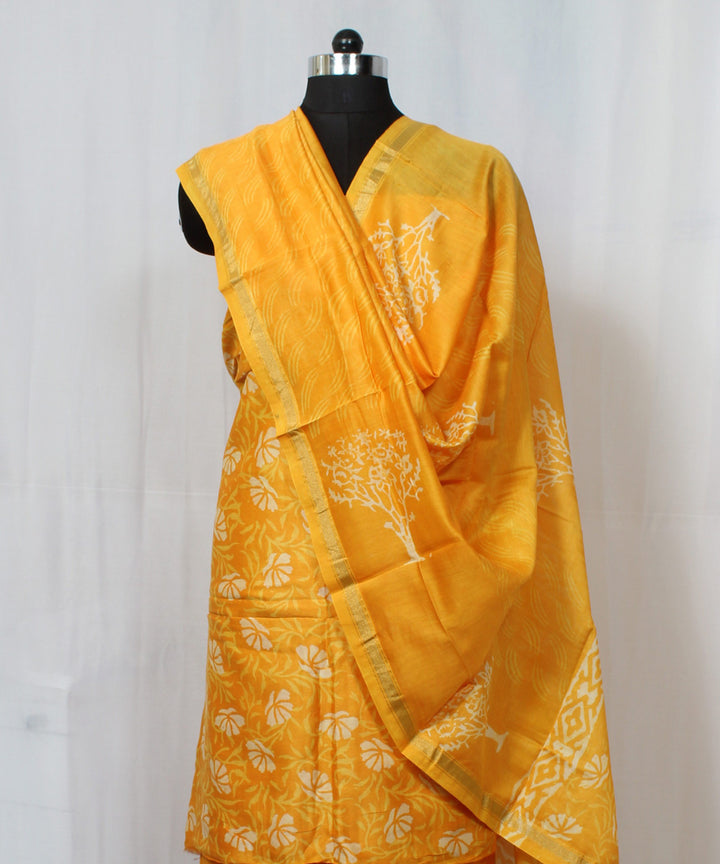 Yellow handblock printed cotton silk dress material set