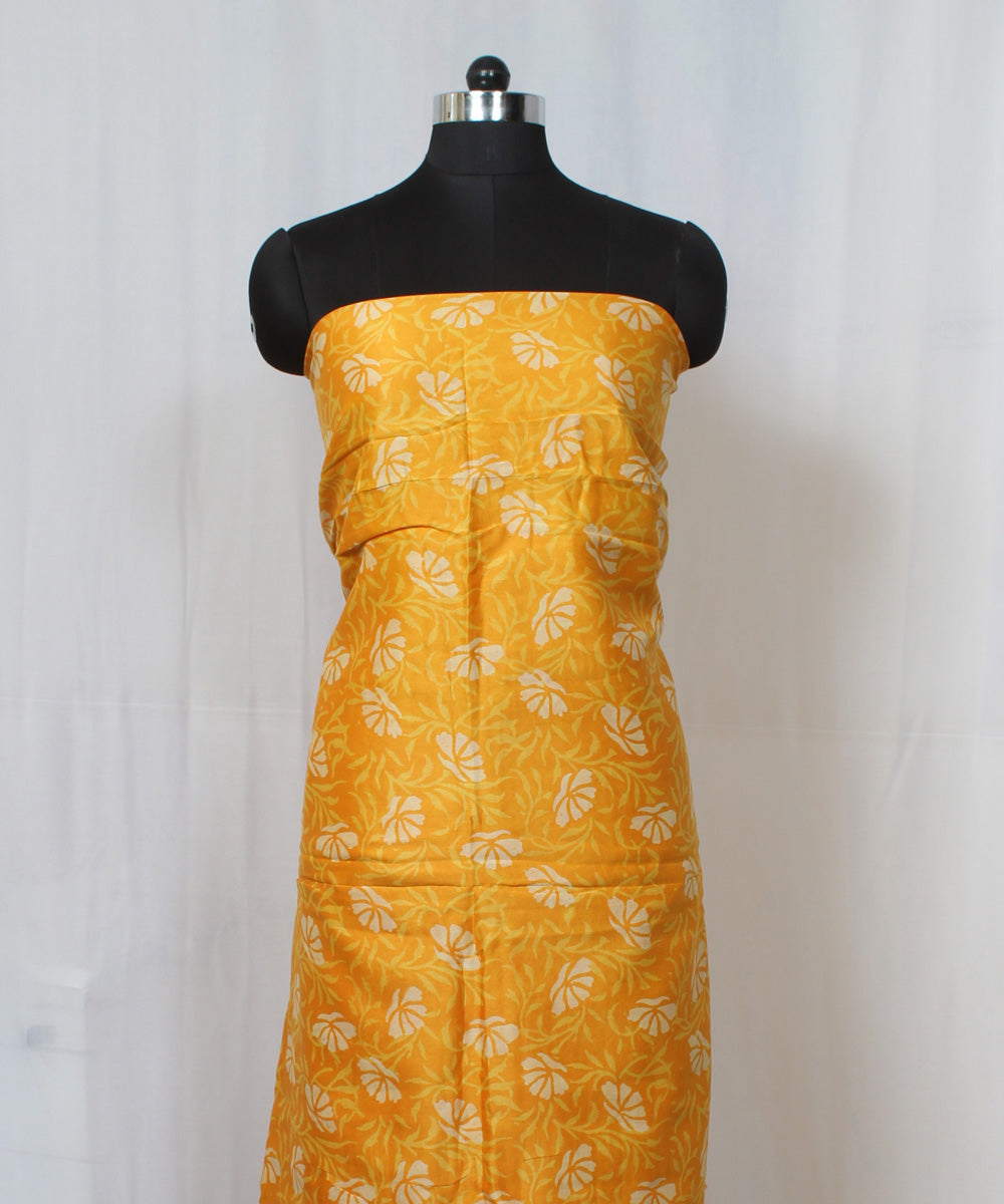 Yellow handblock printed cotton silk dress material set