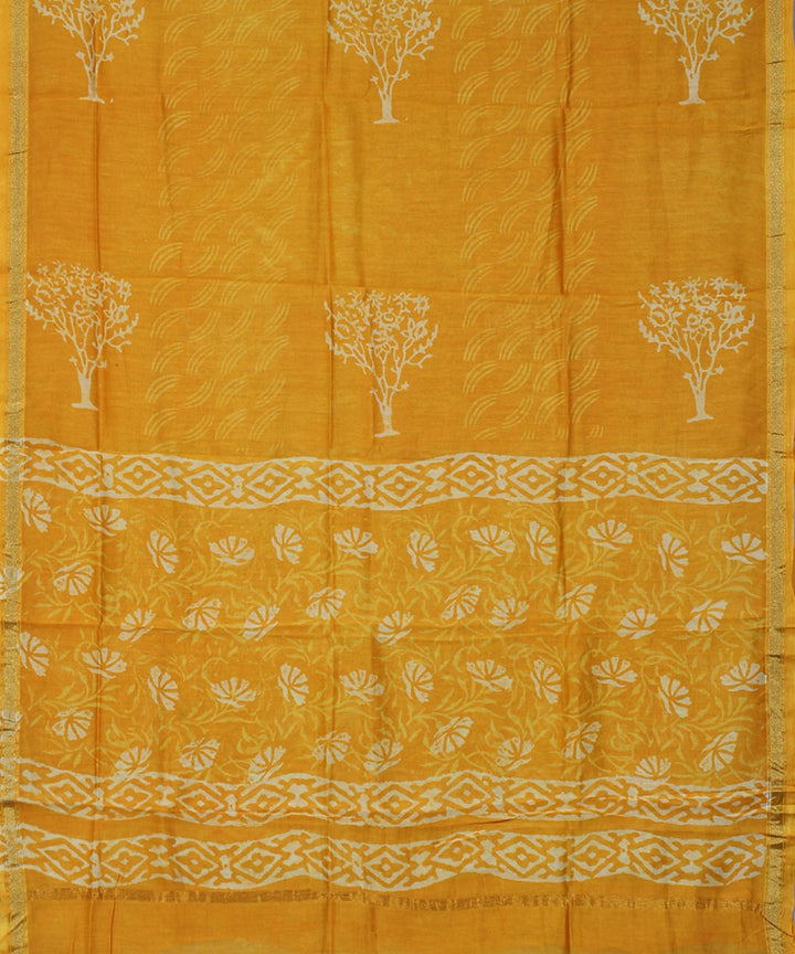 Yellow handblock printed cotton silk dress material set