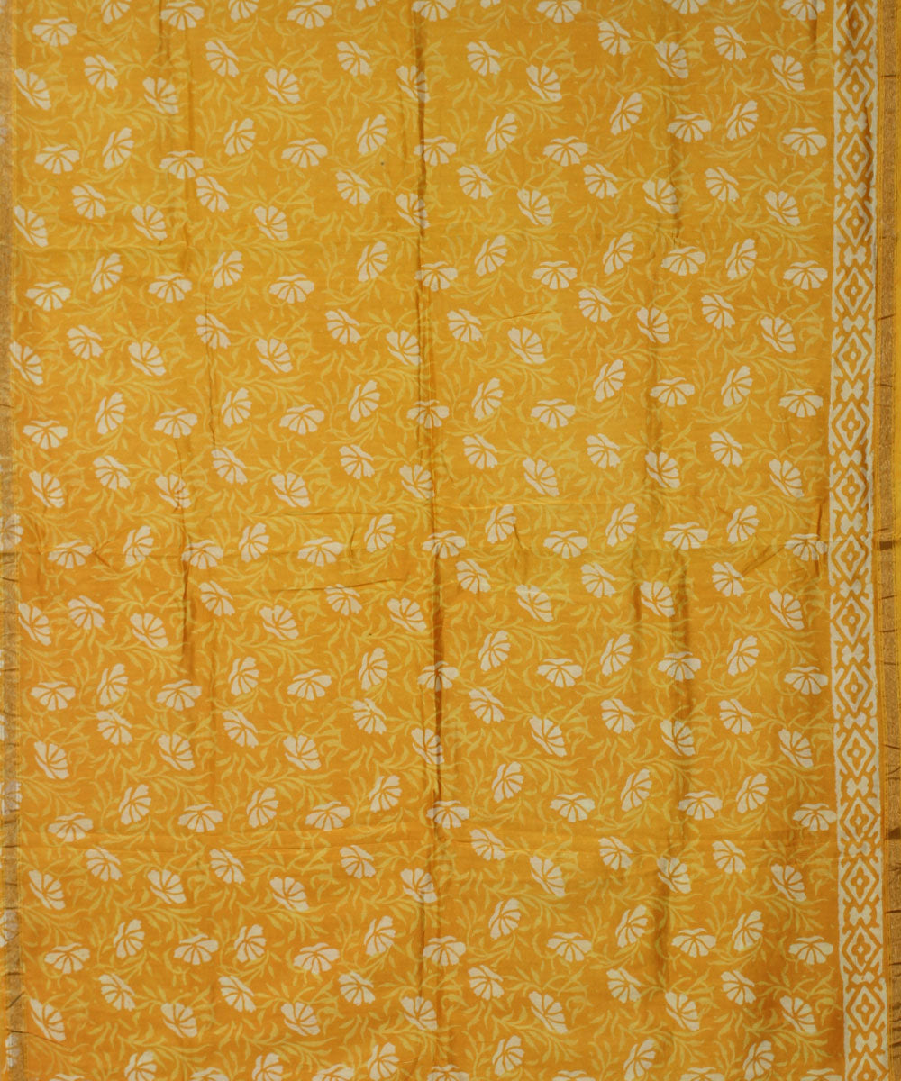 Yellow handblock printed cotton silk dress material set