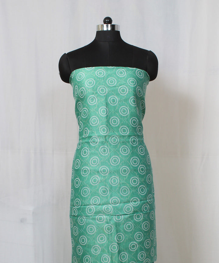 Turquoise green hand block printed cotton silk dress material set