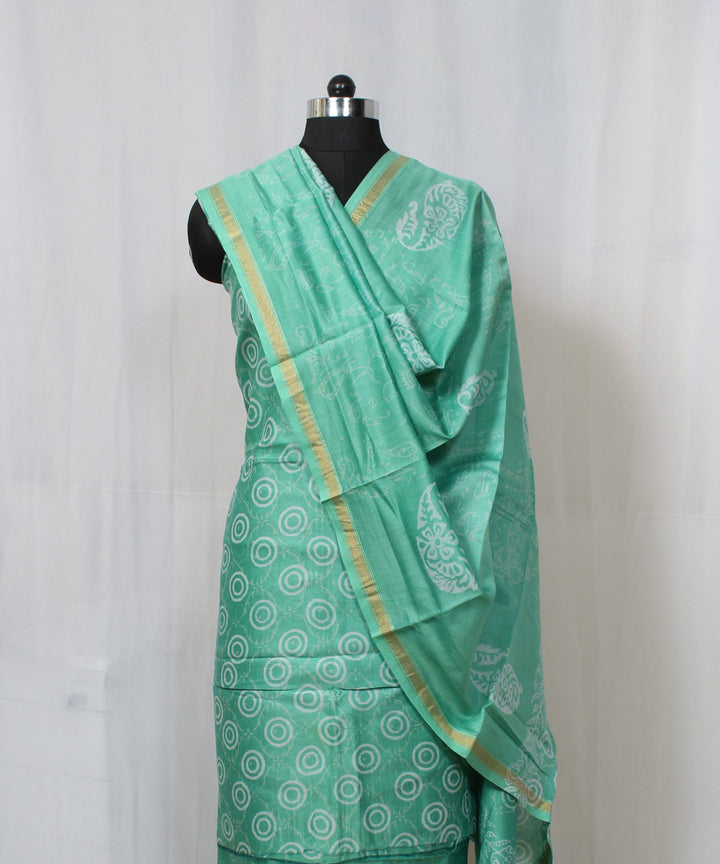 Turquoise green hand block printed cotton silk dress material set