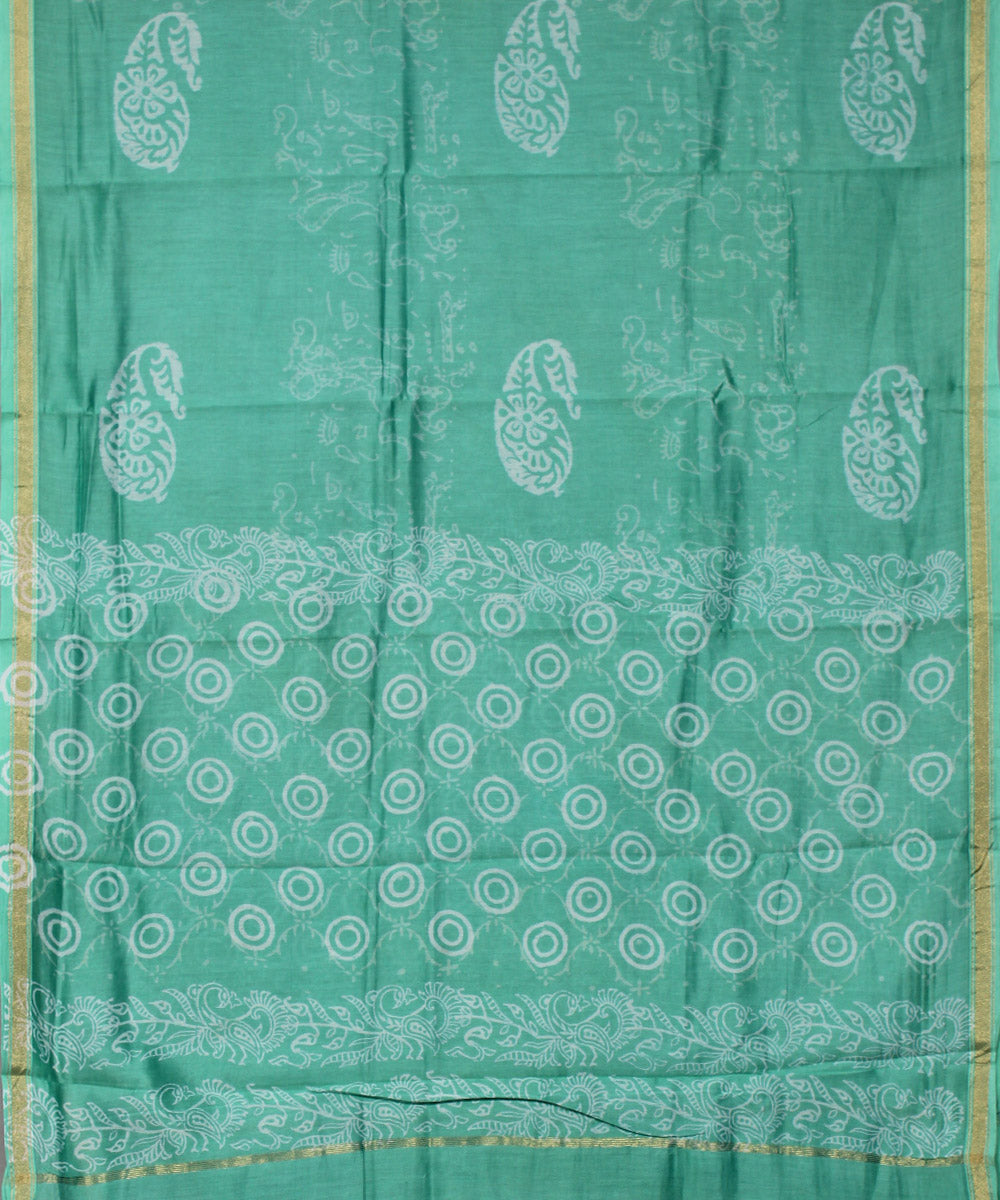 Turquoise green hand block printed cotton silk dress material set