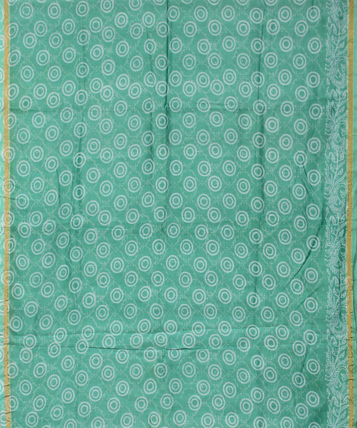 Turquoise green hand block printed cotton silk dress material set