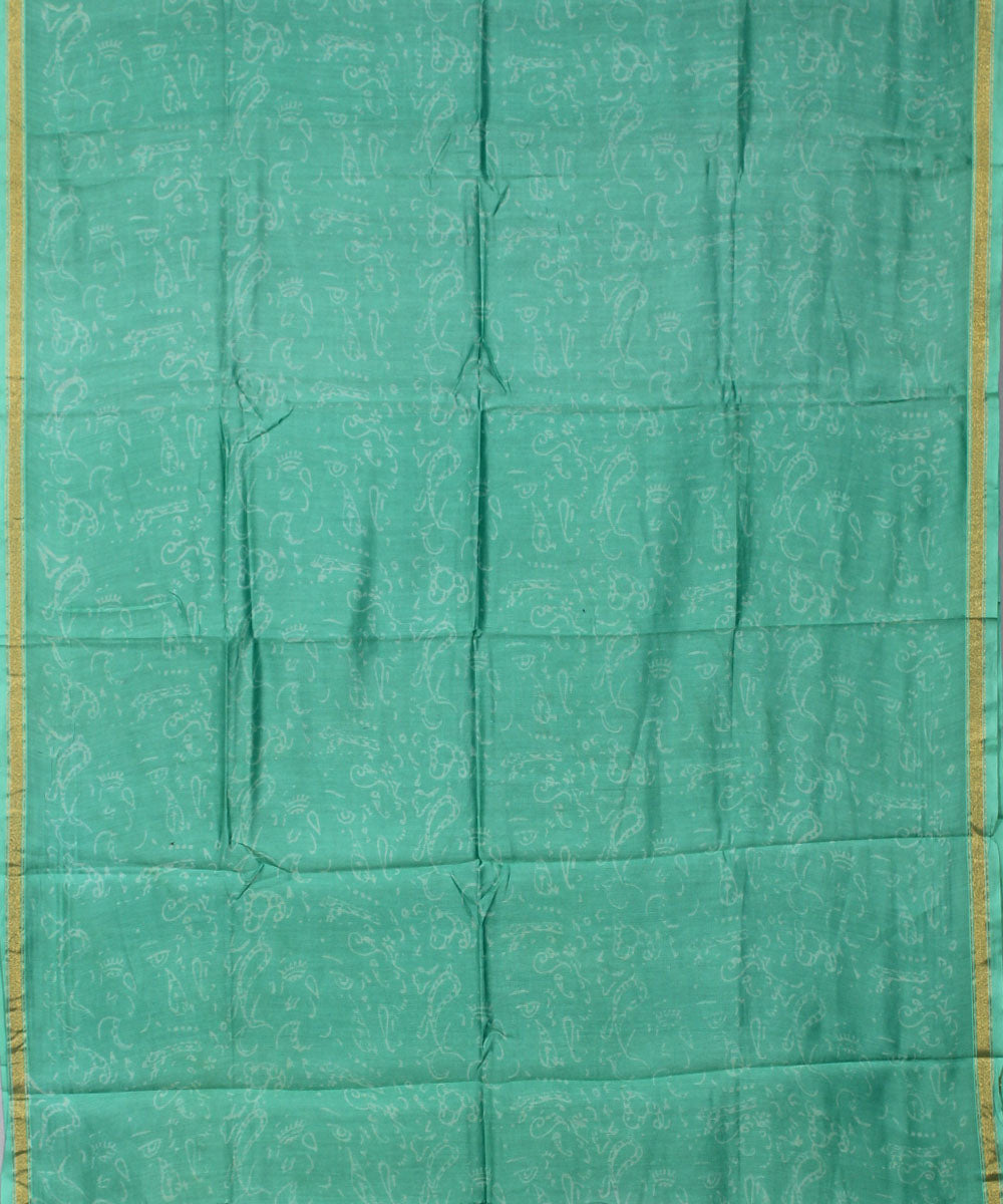 Turquoise green hand block printed cotton silk dress material set