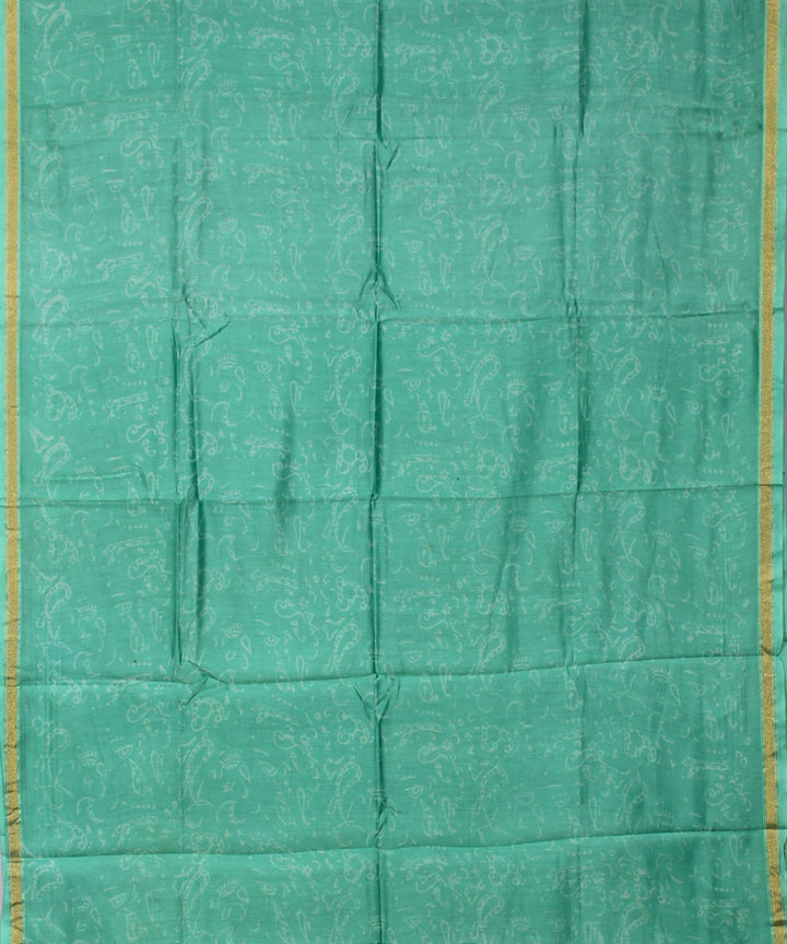 Turquoise green hand block printed cotton silk dress material set