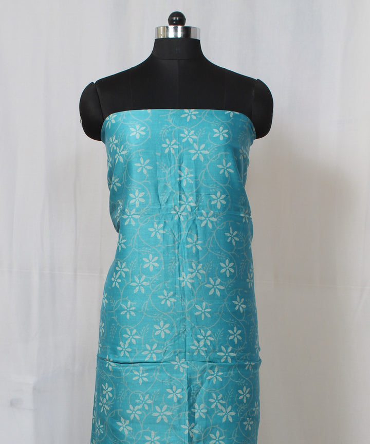 Blue grey handblock print cotton silk dress material set