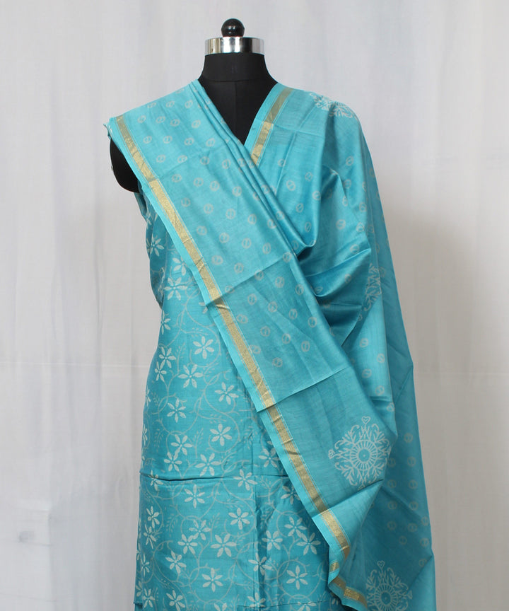 Blue grey handblock print cotton silk dress material set