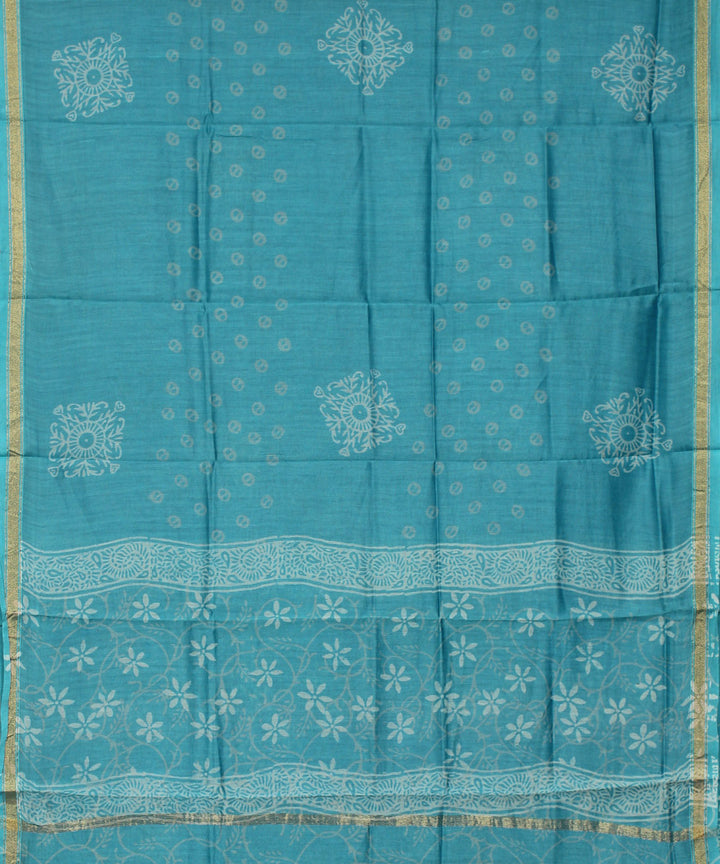 Blue grey handblock print cotton silk dress material set