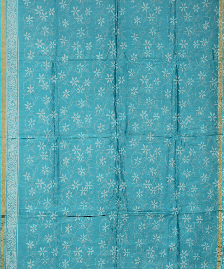 Blue grey handblock print cotton silk dress material set