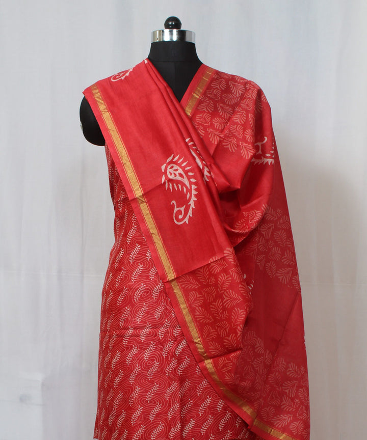 Rust handblock print cotton silk dress material set